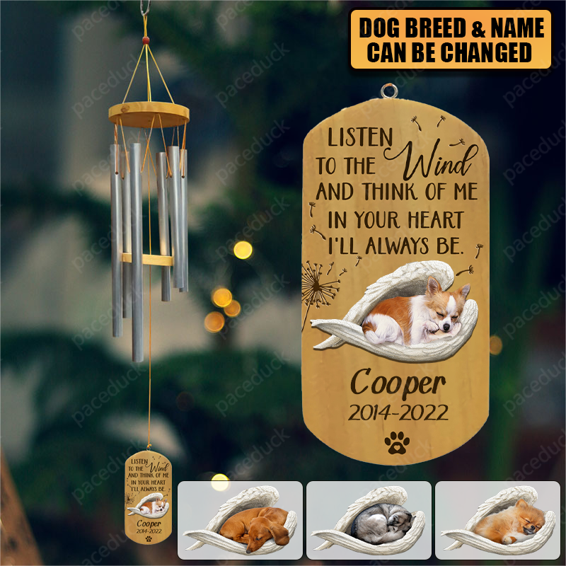 Listen To The Wind, Personalized Sleeping Angel Memorial Wind Chimes, Memorial Gifts For Dog Lovers