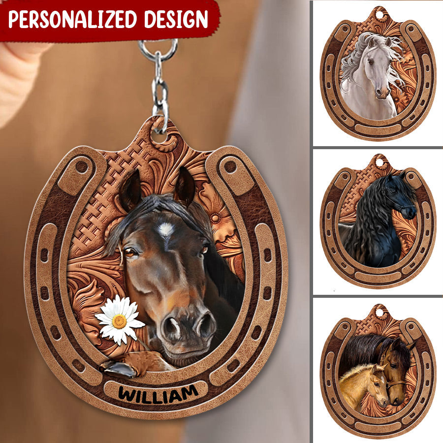 Love Horse Breeds Custom Name Leather Pattern Personalized Flat Acrylic Keychain