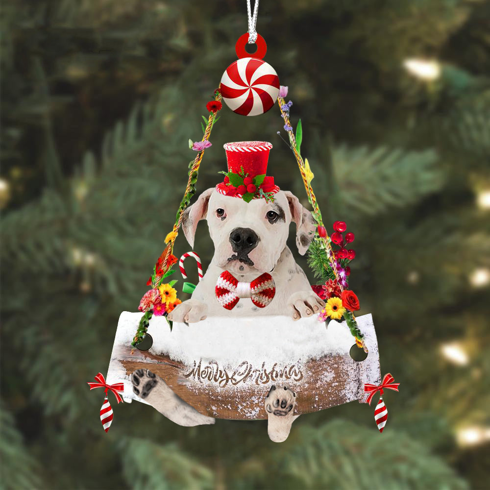 American Bulldog White Hugging Wood Merry Christmas Ornament