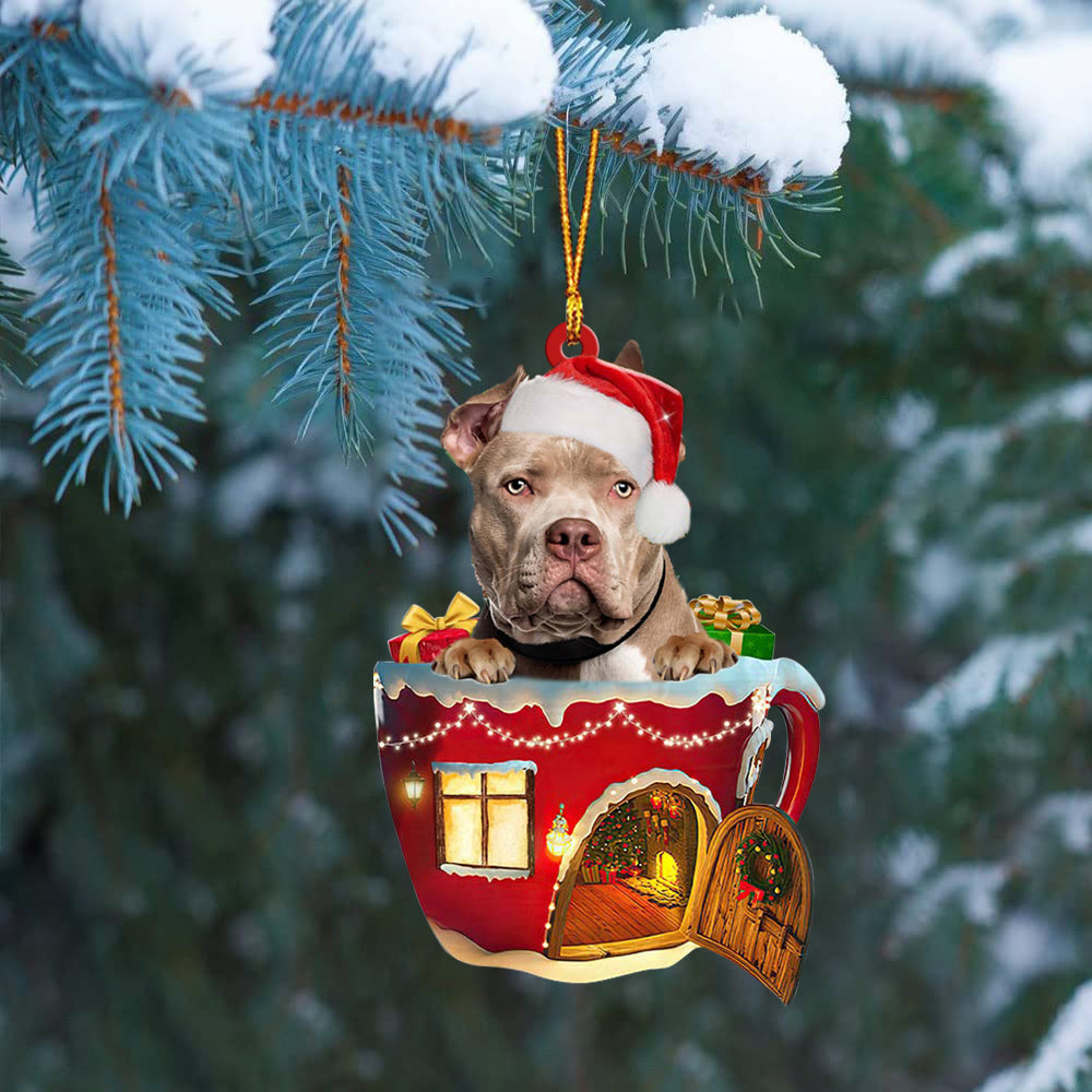 American Bully In Red House Cup Merry Christmas Ornament