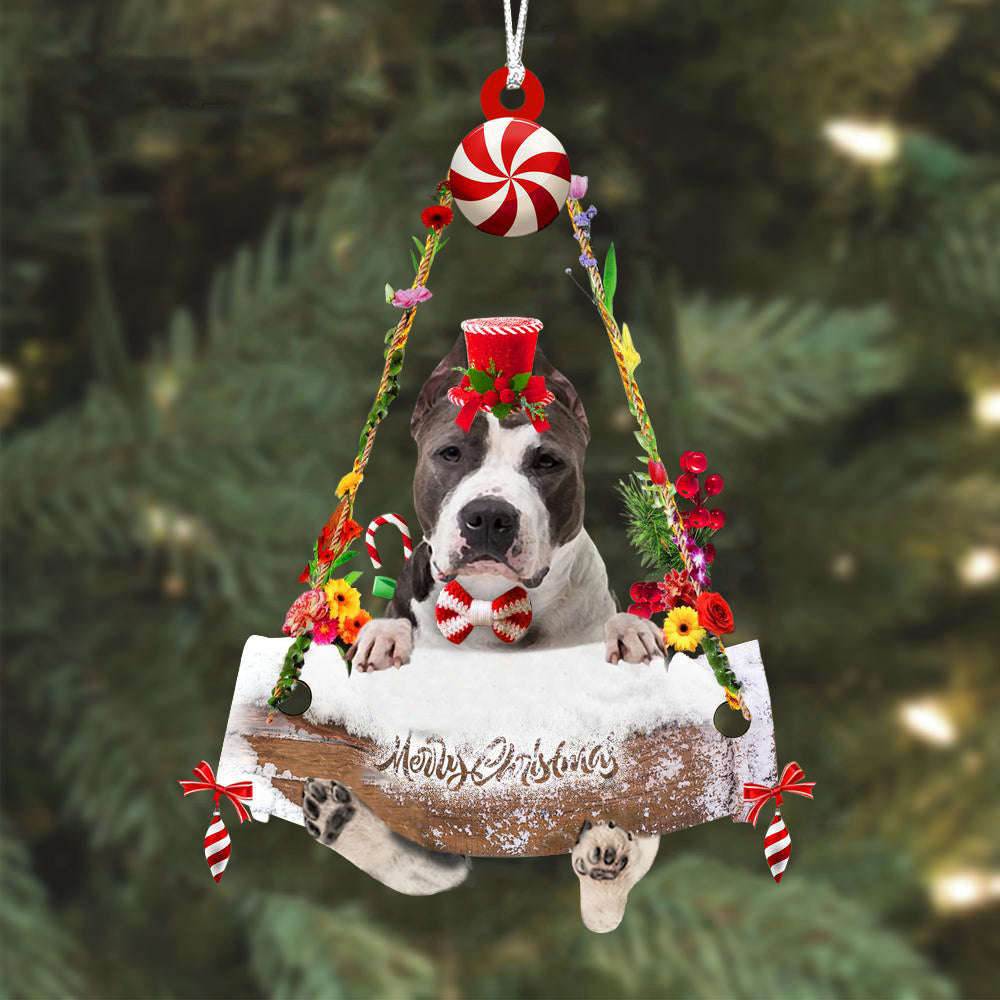 American Pit Bull Terrier Hugging Wood Merry Christmas Ornament