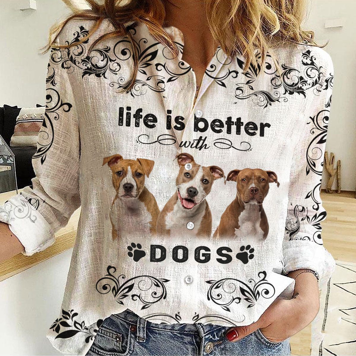 Staffordshire Bull Terrier-Life Is Better With Dogs Women's Long-Sleeve Shirt