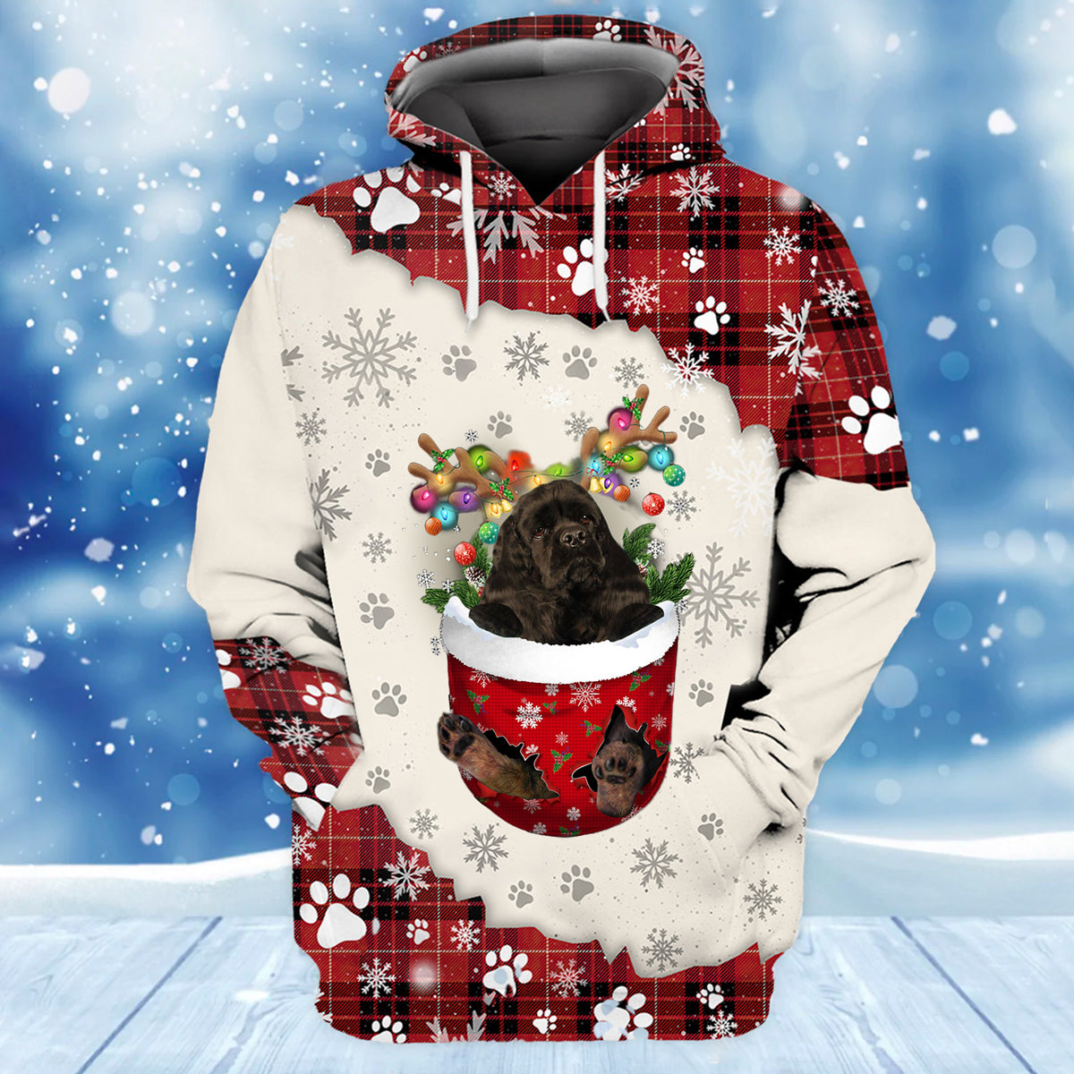 BLACK American Cocker Spaniel In Snow Pocket Merry Christmas Unisex Hoodie