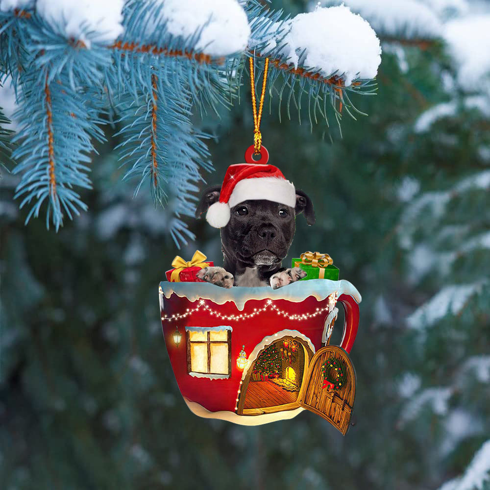BLACK American Staffordshire Terrier In Red House Cup Merry Christmas Ornament