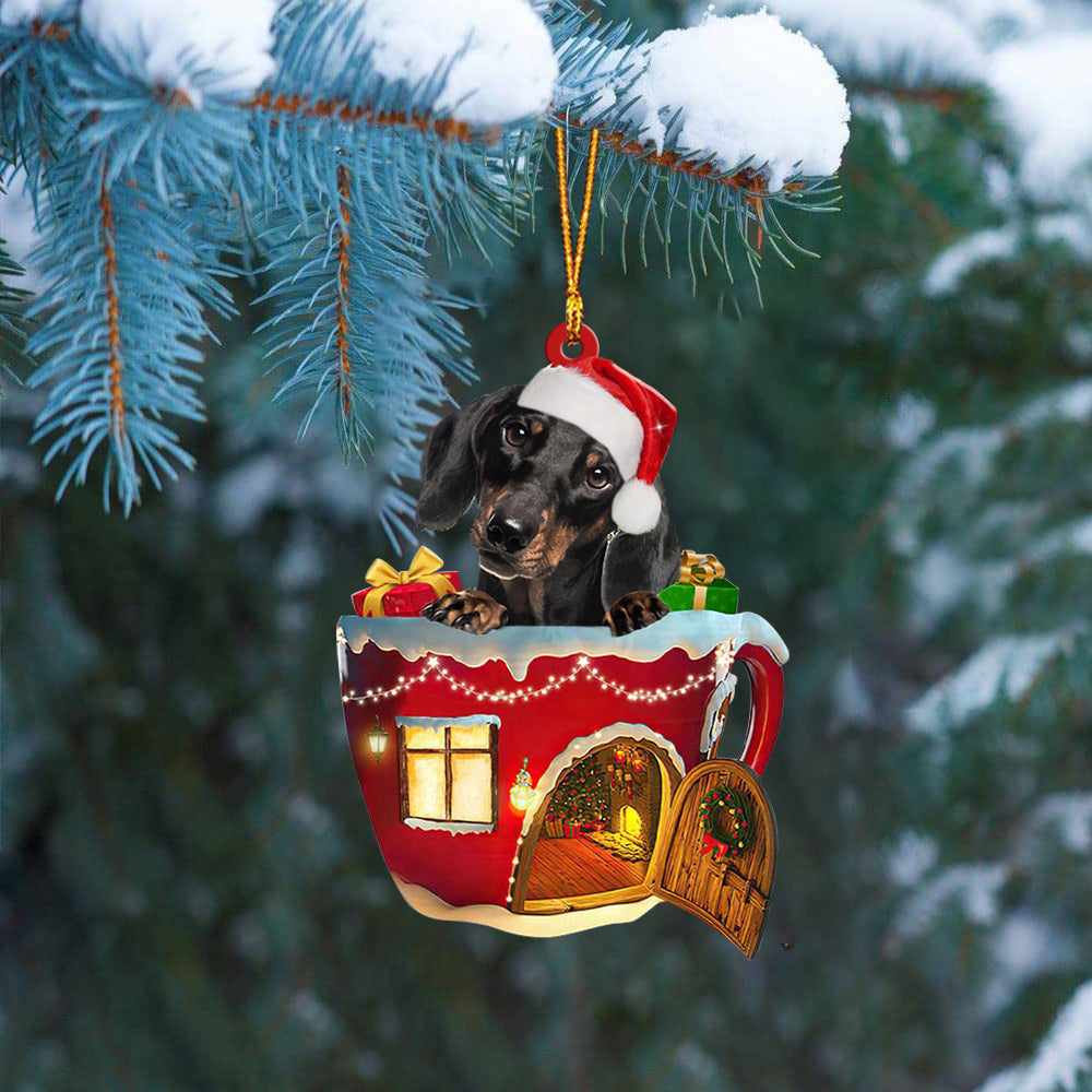 BLACK Dachshund In Red House Cup Merry Christmas Ornament