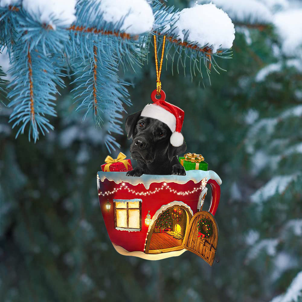 BLACK Labrador In Red House Cup Merry Christmas Ornament