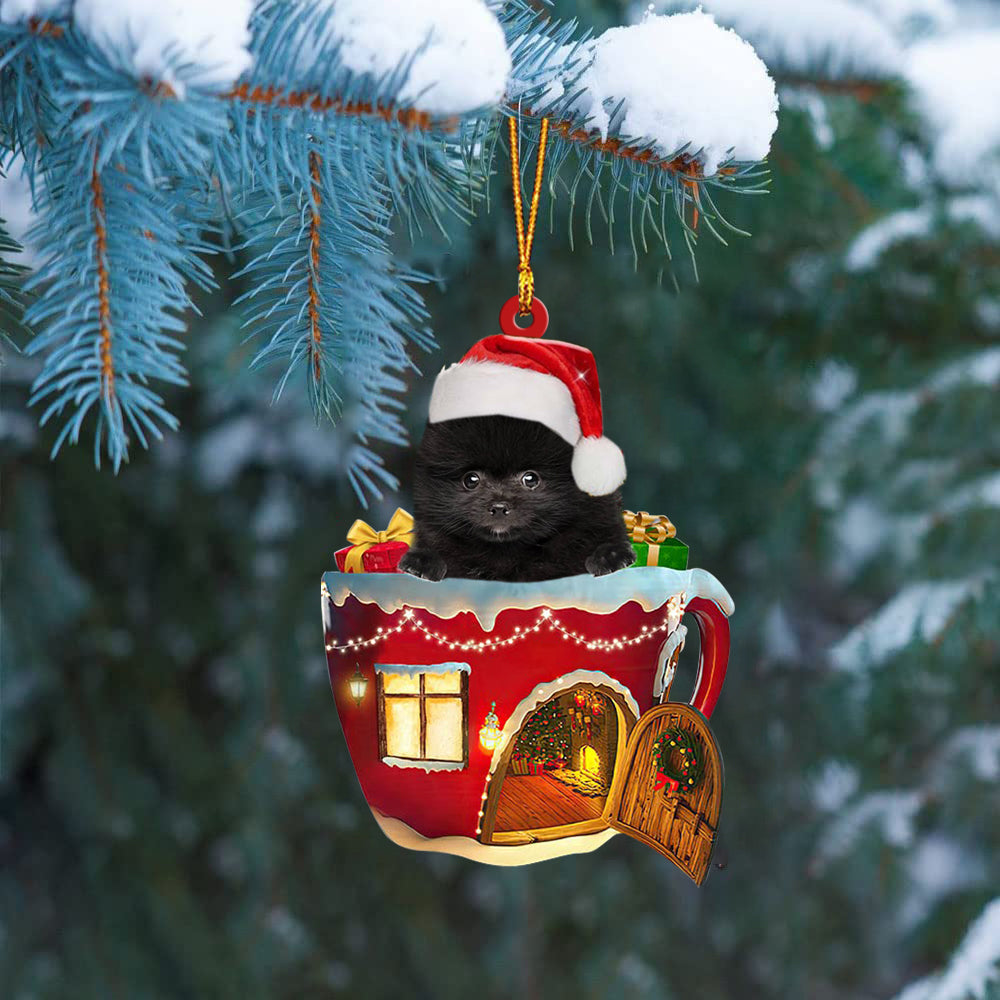 BLACK Pomeranian In Red House Cup Merry Christmas Ornament