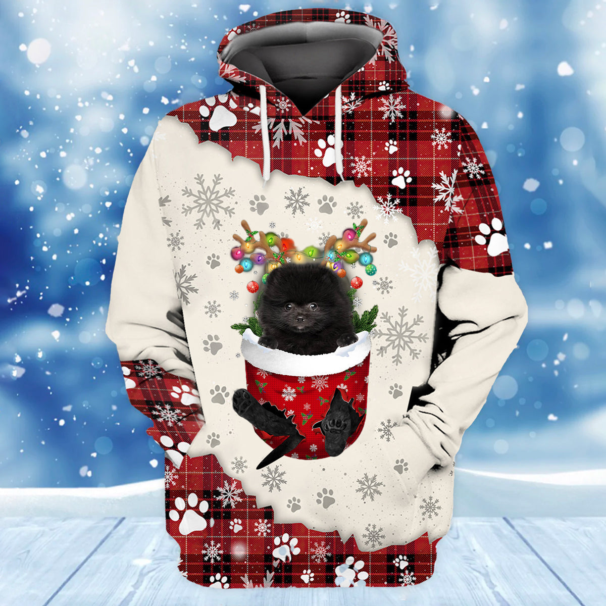 BLACK Pomeranian In Snow Pocket Merry Christmas Unisex Hoodie