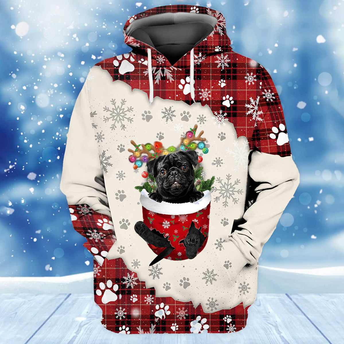 BLACK Pug In Snow Pocket Merry Christmas Unisex Hoodie