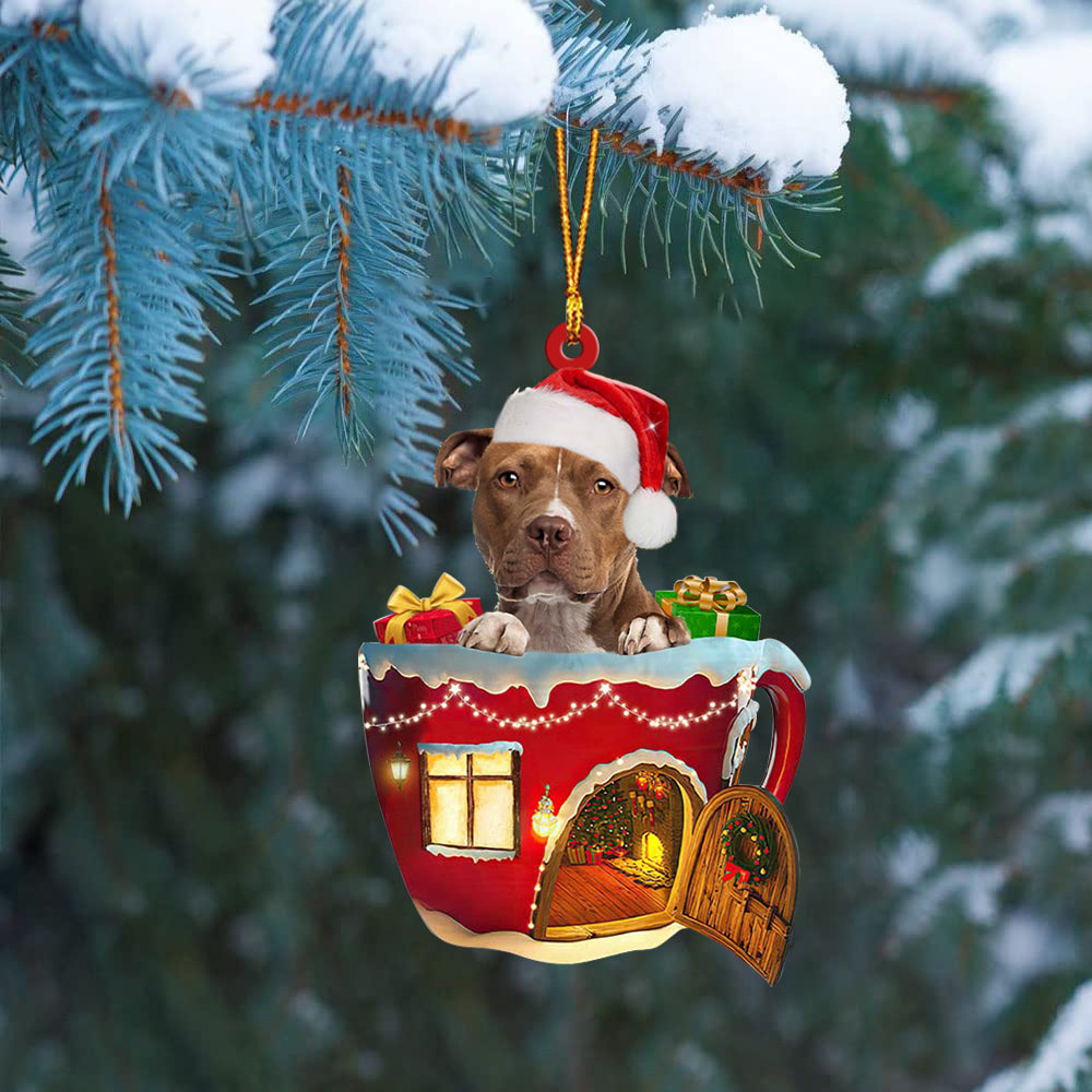 BROWN Pitbull In Red House Cup Merry Christmas Ornament