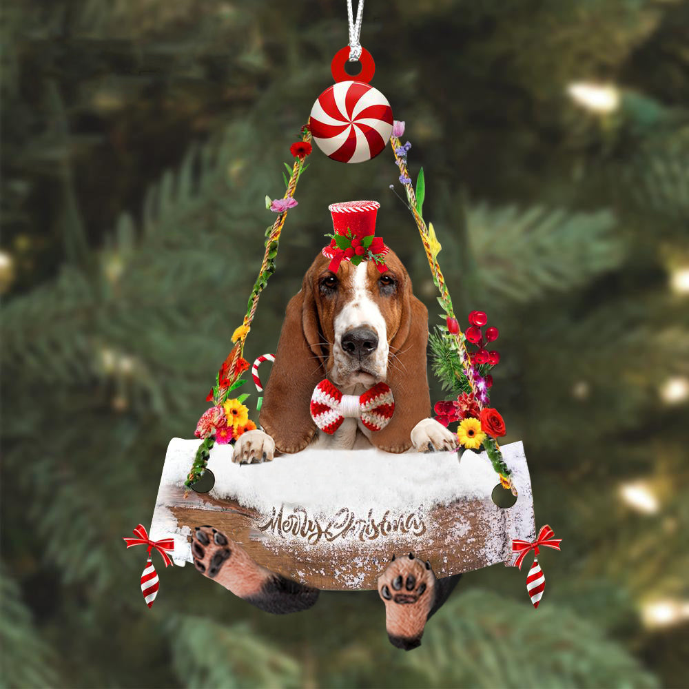 Basset Hound Hugging Wood Merry Christmas Ornament