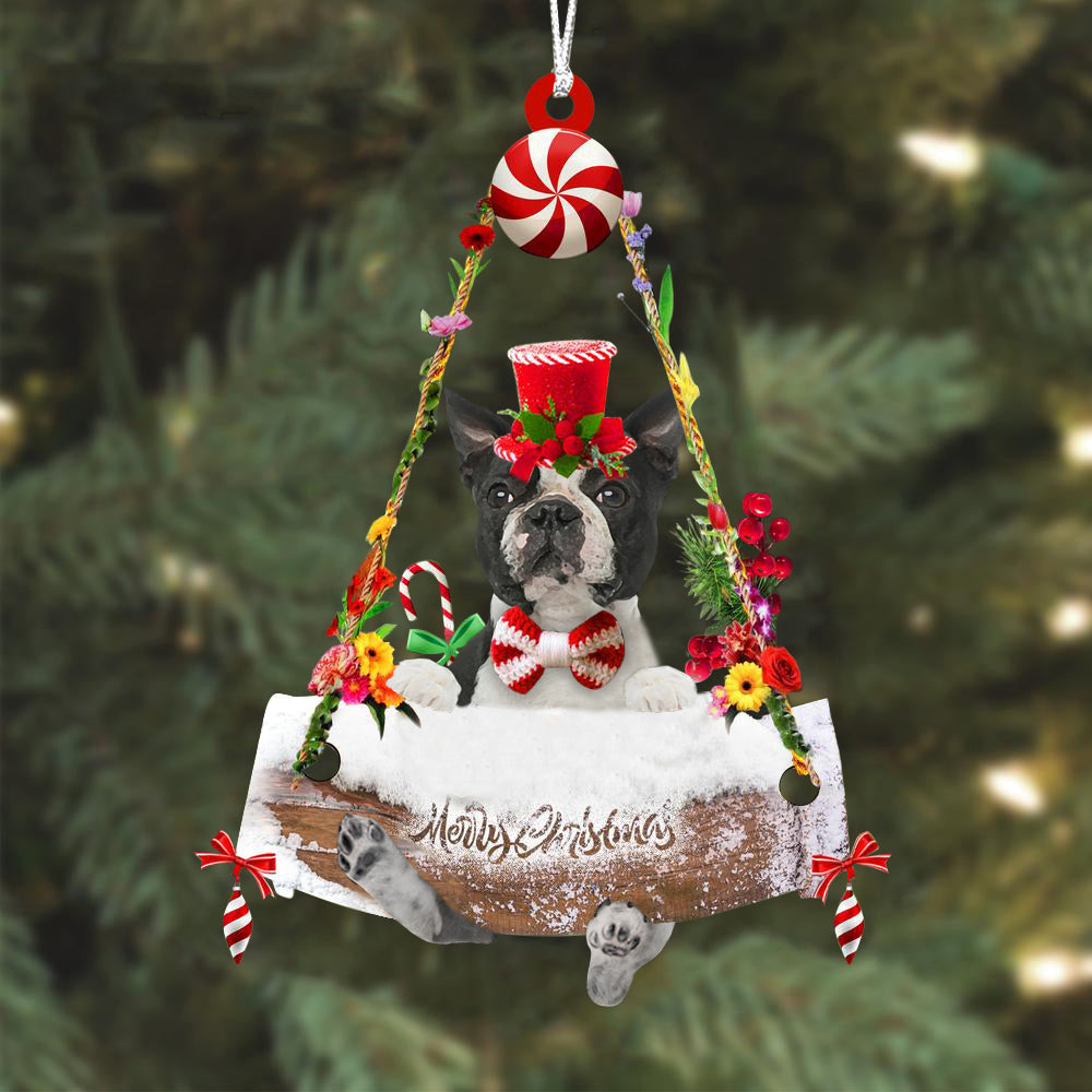 Boston Terrier Hugging Wood Merry Christmas Ornament
