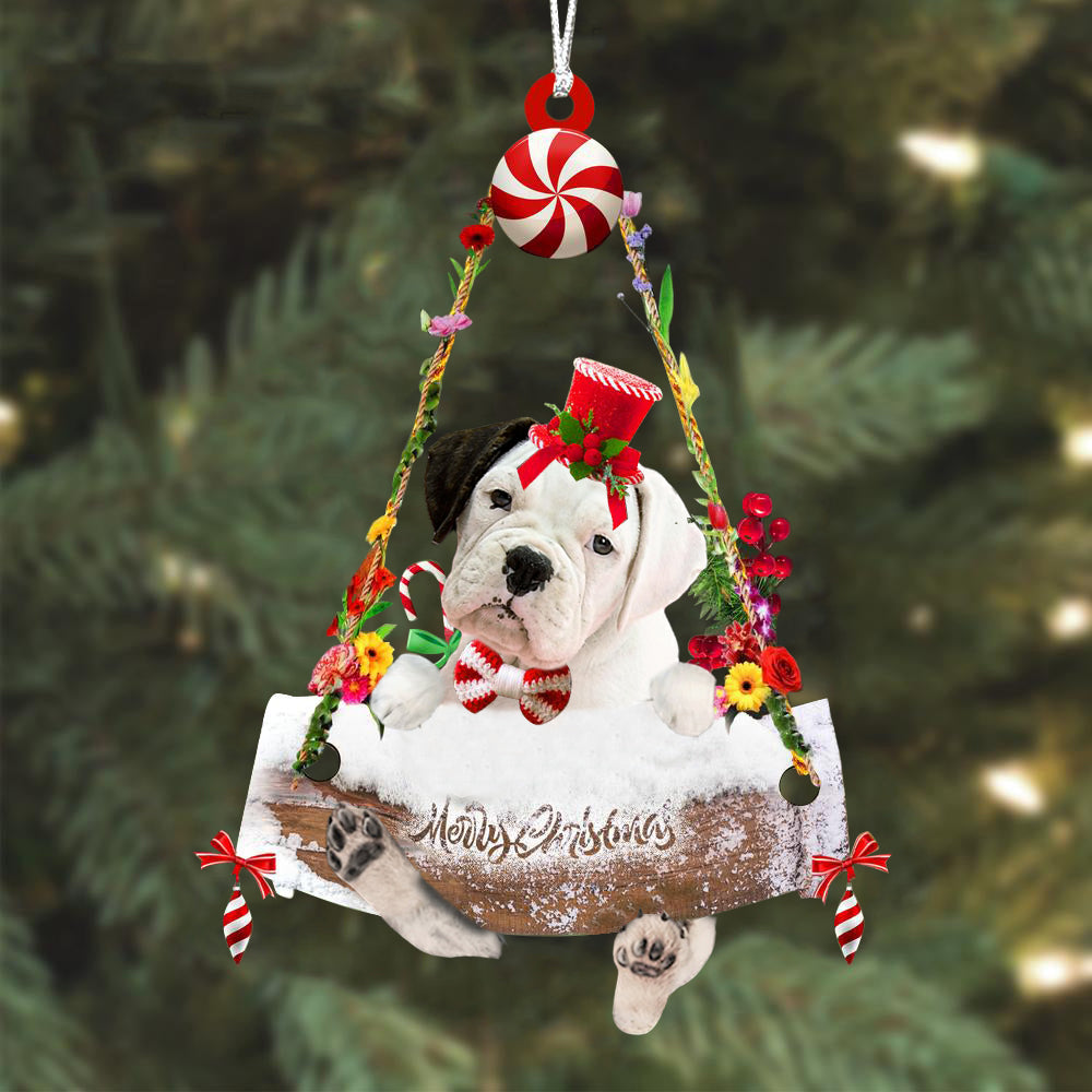 Boxer White Hugging Wood Merry Christmas Ornament