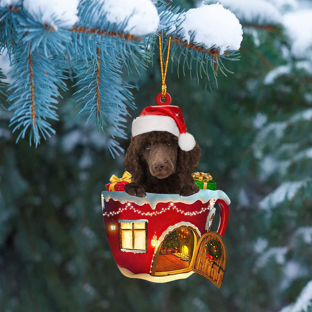 CHOCOLATE Standard Poodle In Red House Cup Merry Christmas Ornament
