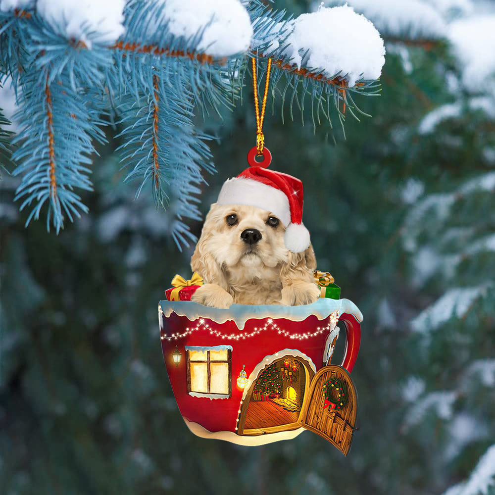 CREAM American Cocker Spaniel In Red House Cup Merry Christmas Ornament