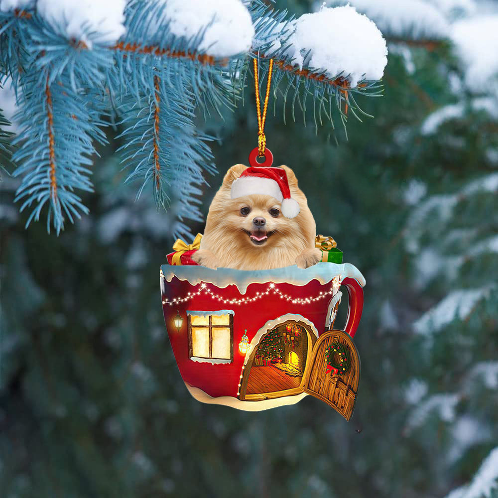CREAM Pomeranian In Red House Cup Merry Christmas Ornament