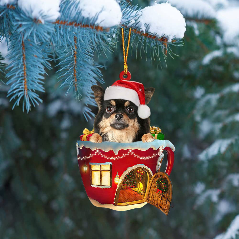 Chihuahua Long haired In Red House Cup Merry Christmas Ornament