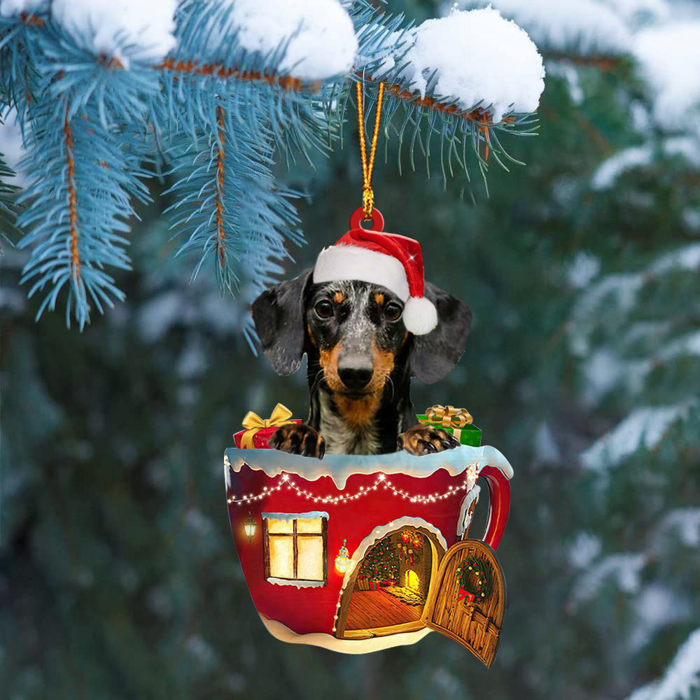 Dapple Dachshund In Red House Cup Merry Christmas Ornament