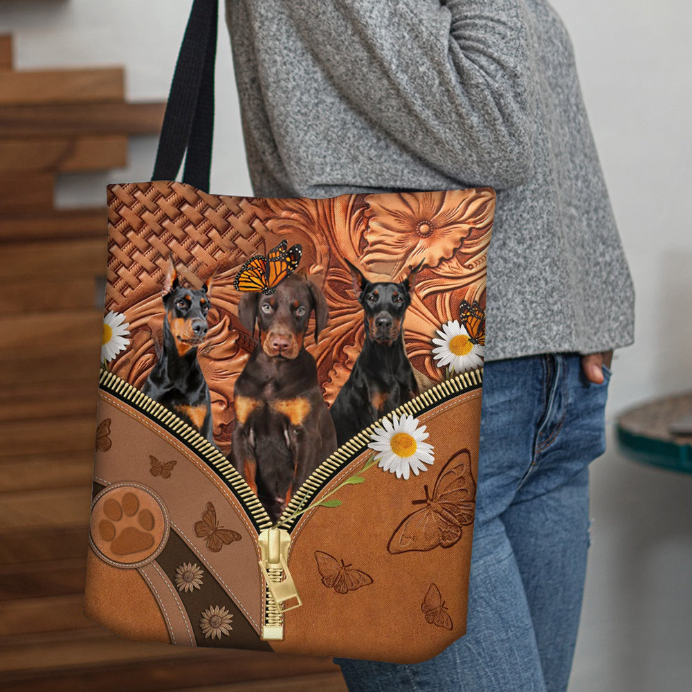 Doberman Daisy Flower And Butterfly Tote Bag