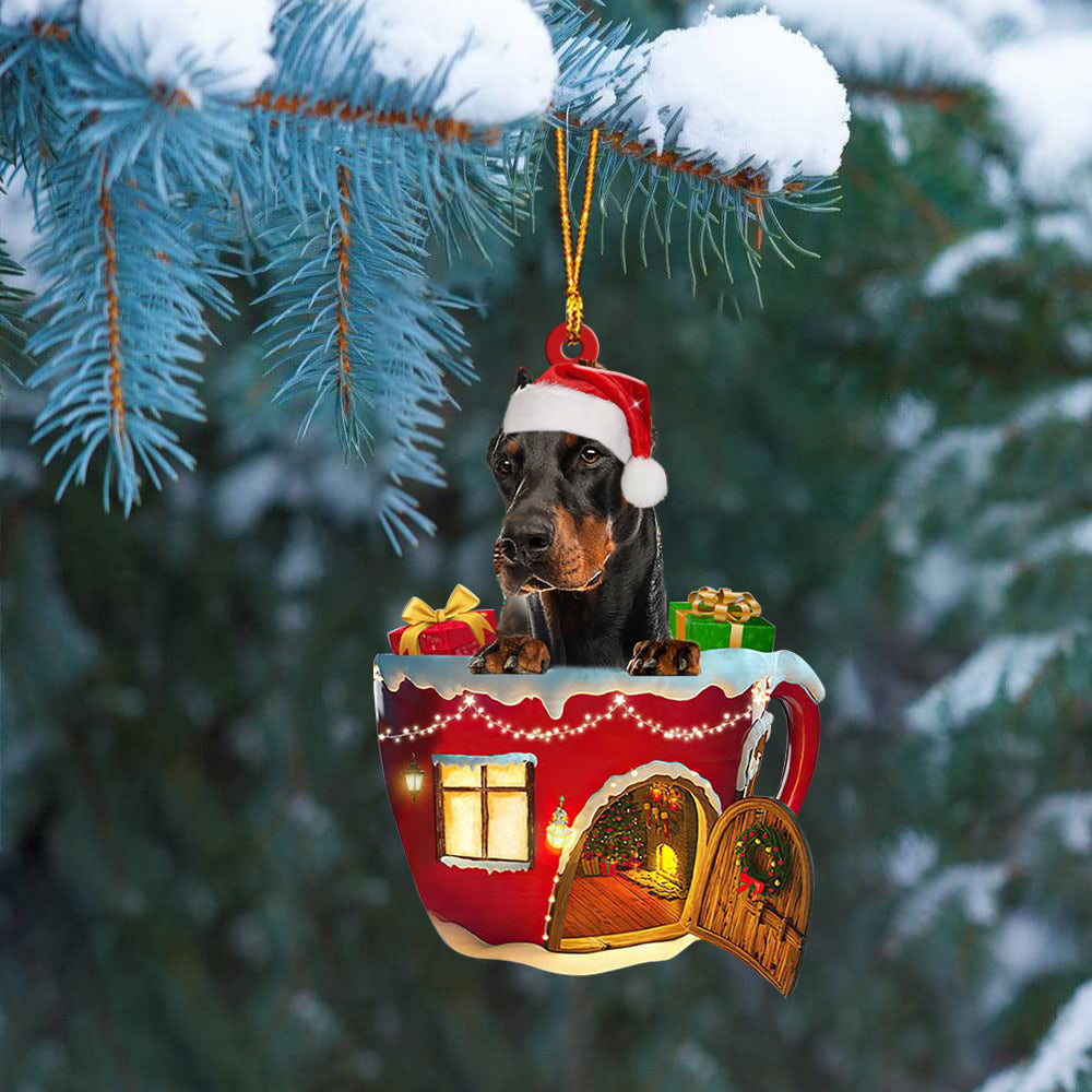 Dobermann In Red House Cup Merry Christmas Ornament