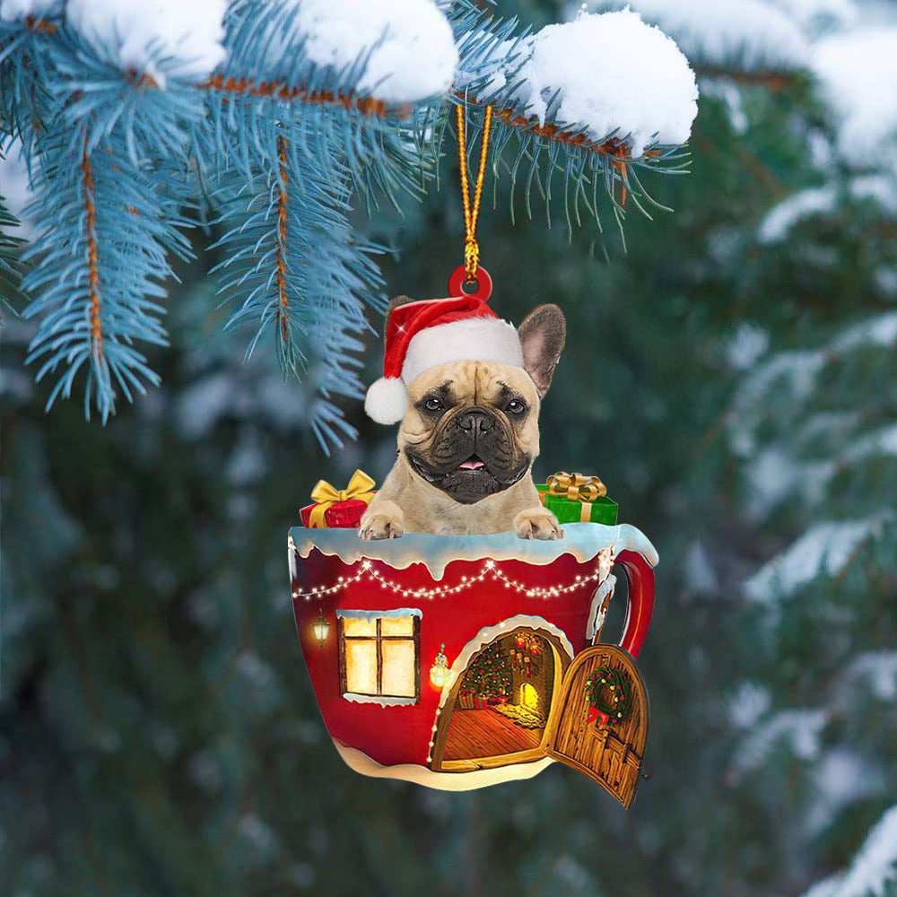 Fawn French Bulldog In Red House Cup Merry Christmas Ornament