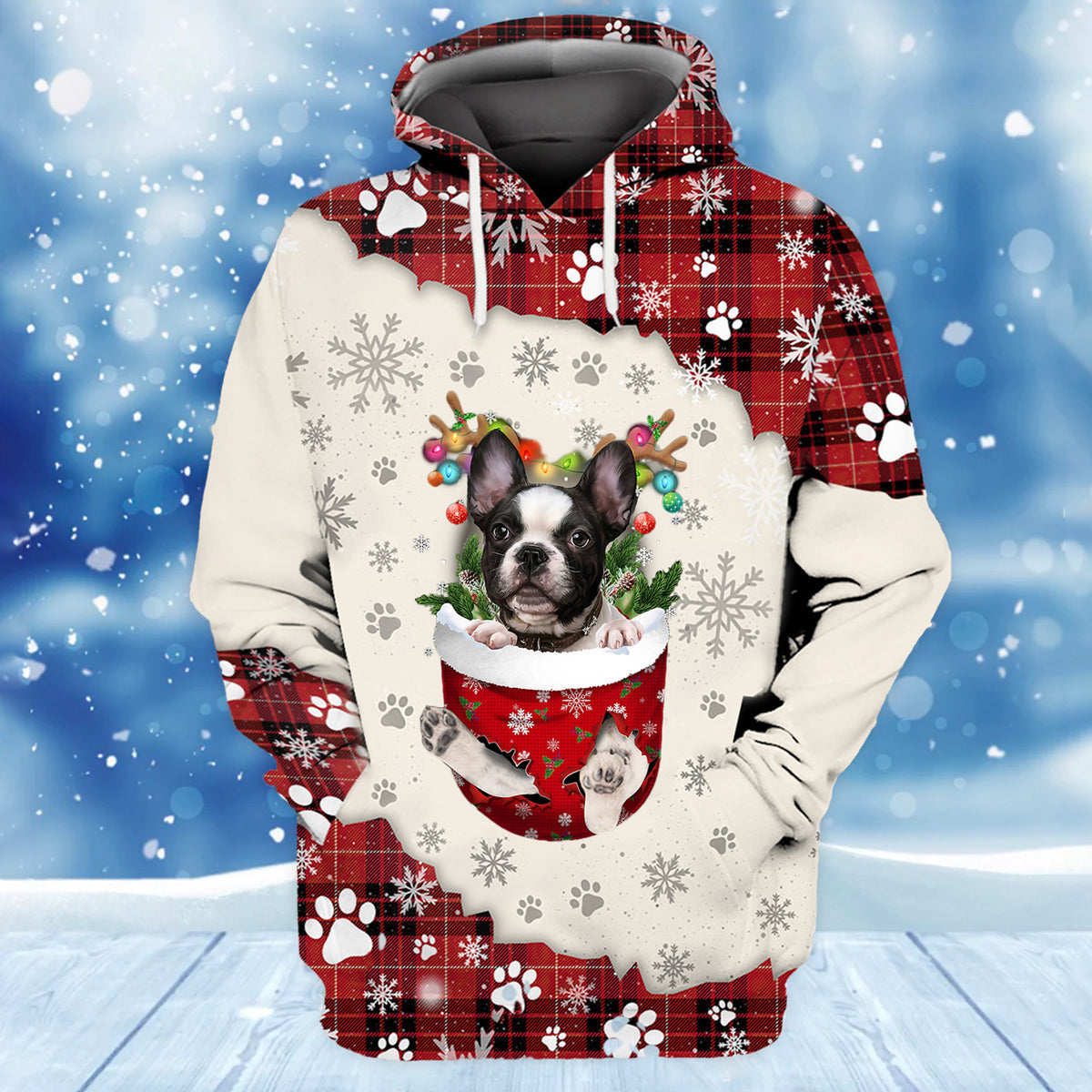 French Bulldog In Snow Pocket Merry Christmas Unisex Hoodie