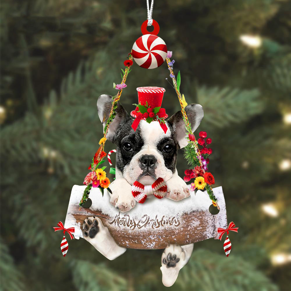 French Bulldog Hugging Wood Merry Christmas Ornament