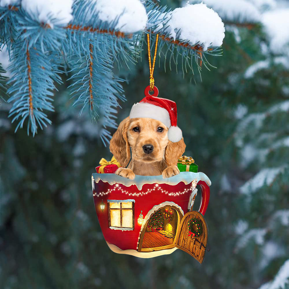 GOLDEN Cocker Spaniel In Red House Cup Merry Christmas Ornament