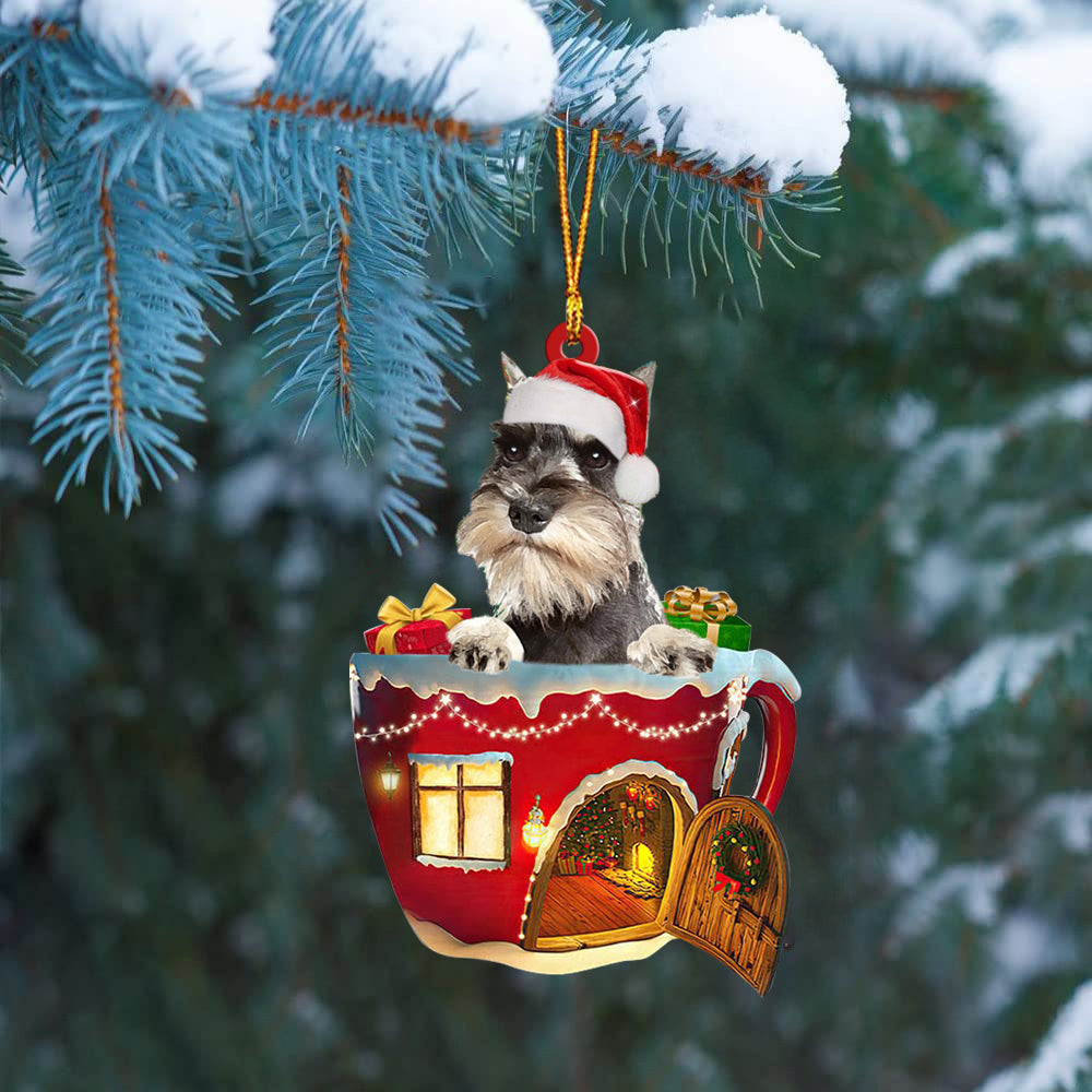 GREY Miniature Schnauzer In Red House Cup Merry Christmas Ornament