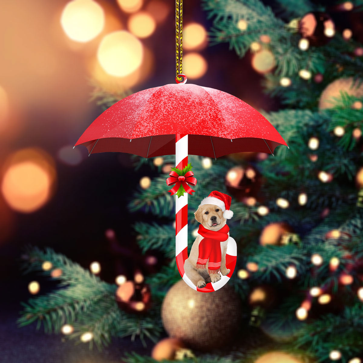 Golden Retriever Under Umbrella Christmas Ornament