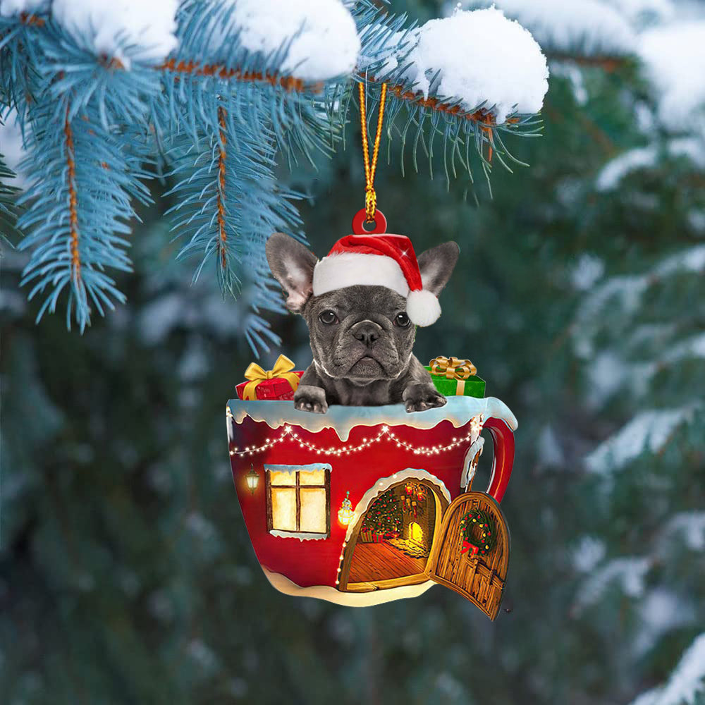 Grey French Bulldog In Red House Cup Merry Christmas Ornament