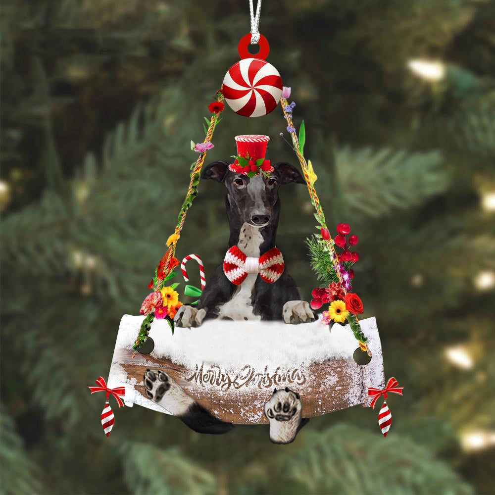 Greyhound Black Hugging Wood Merry Christmas Ornament