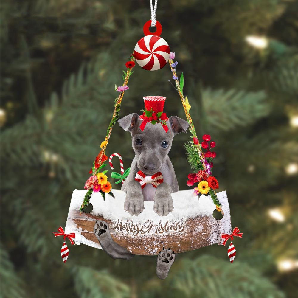 Italian Greyhound Hugging Wood Merry Christmas Ornament