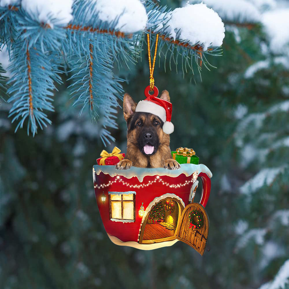 LONG HAIRED German Shepherd In Red House Cup Merry Christmas Ornament