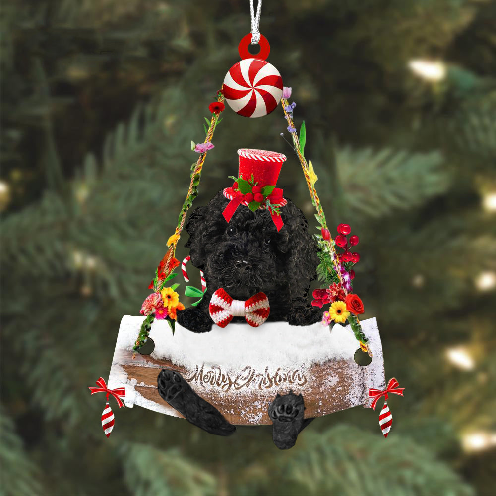 Labradoodle Black Hugging Wood Merry Christmas Ornament