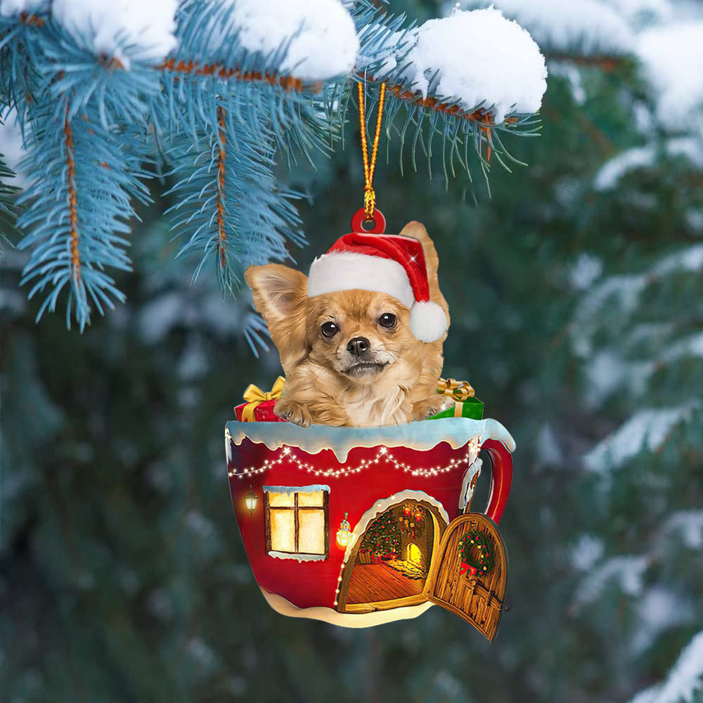 Long haired Tan Chihuahua In Red House Cup Merry Christmas Ornament