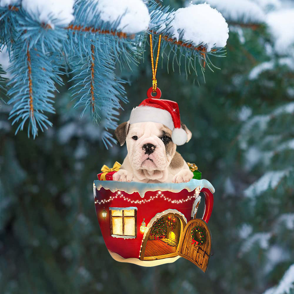 Old English Bulldog In Red House Cup Merry Christmas Ornament
