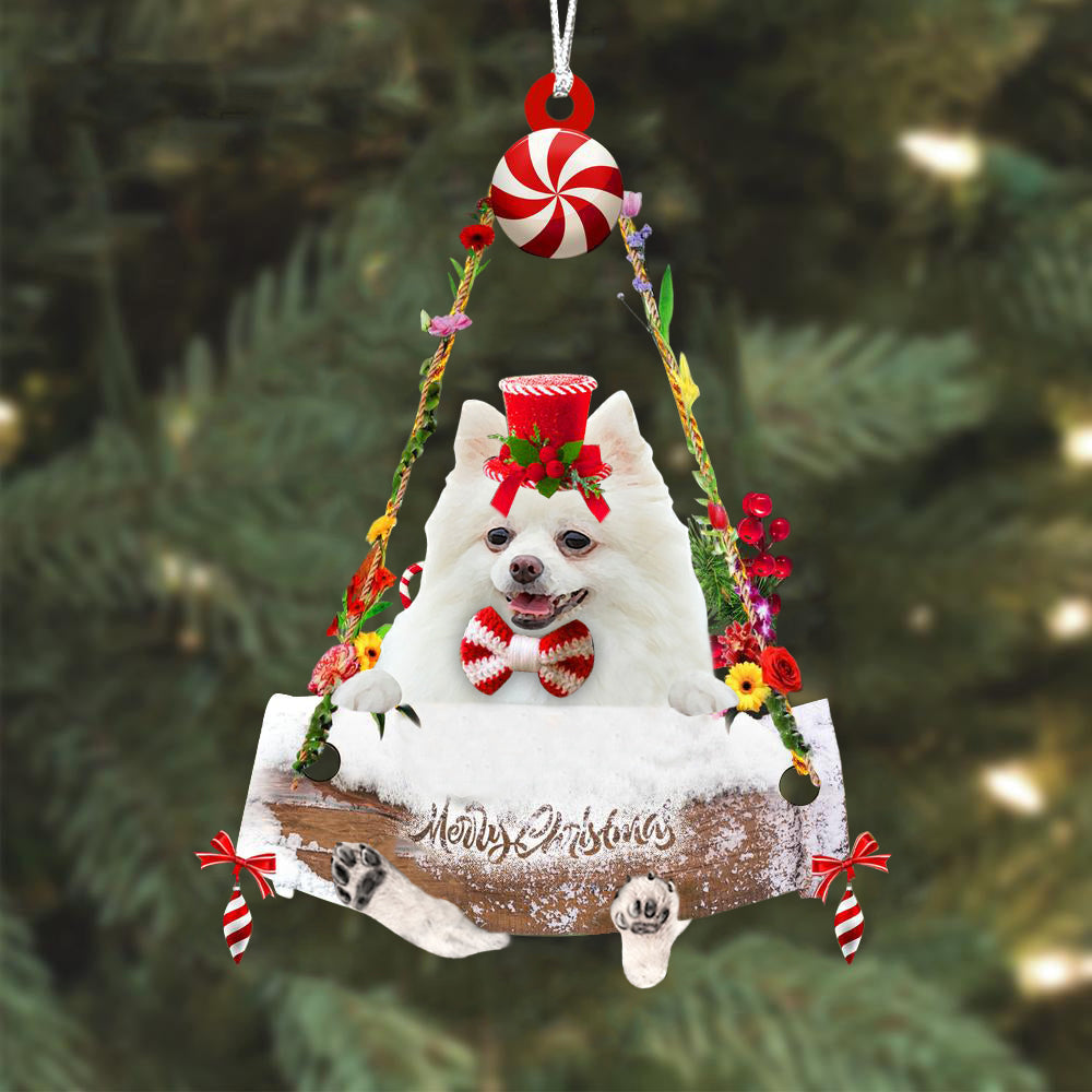 Pomeranian White Hugging Wood Merry Christmas Ornament