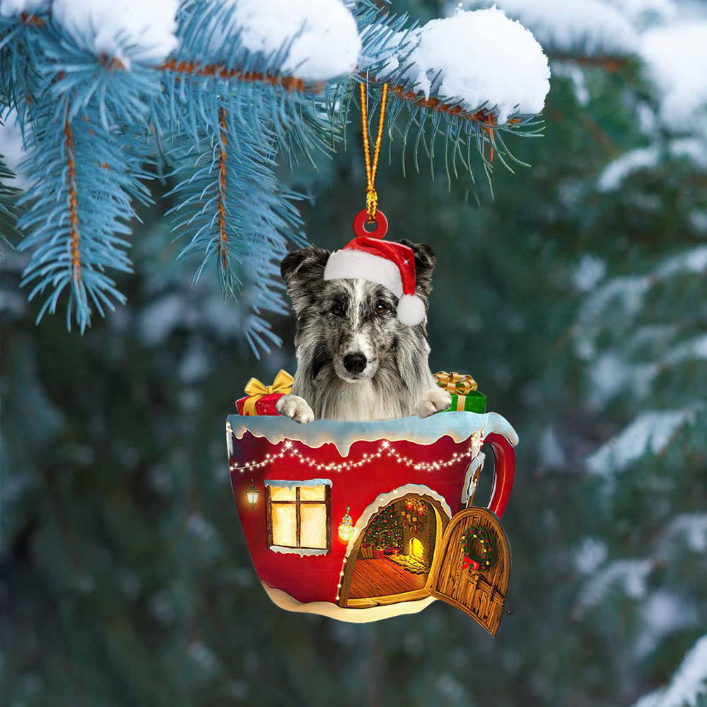 Shetland Sheepdog  In Red House Cup Merry Christmas Ornament