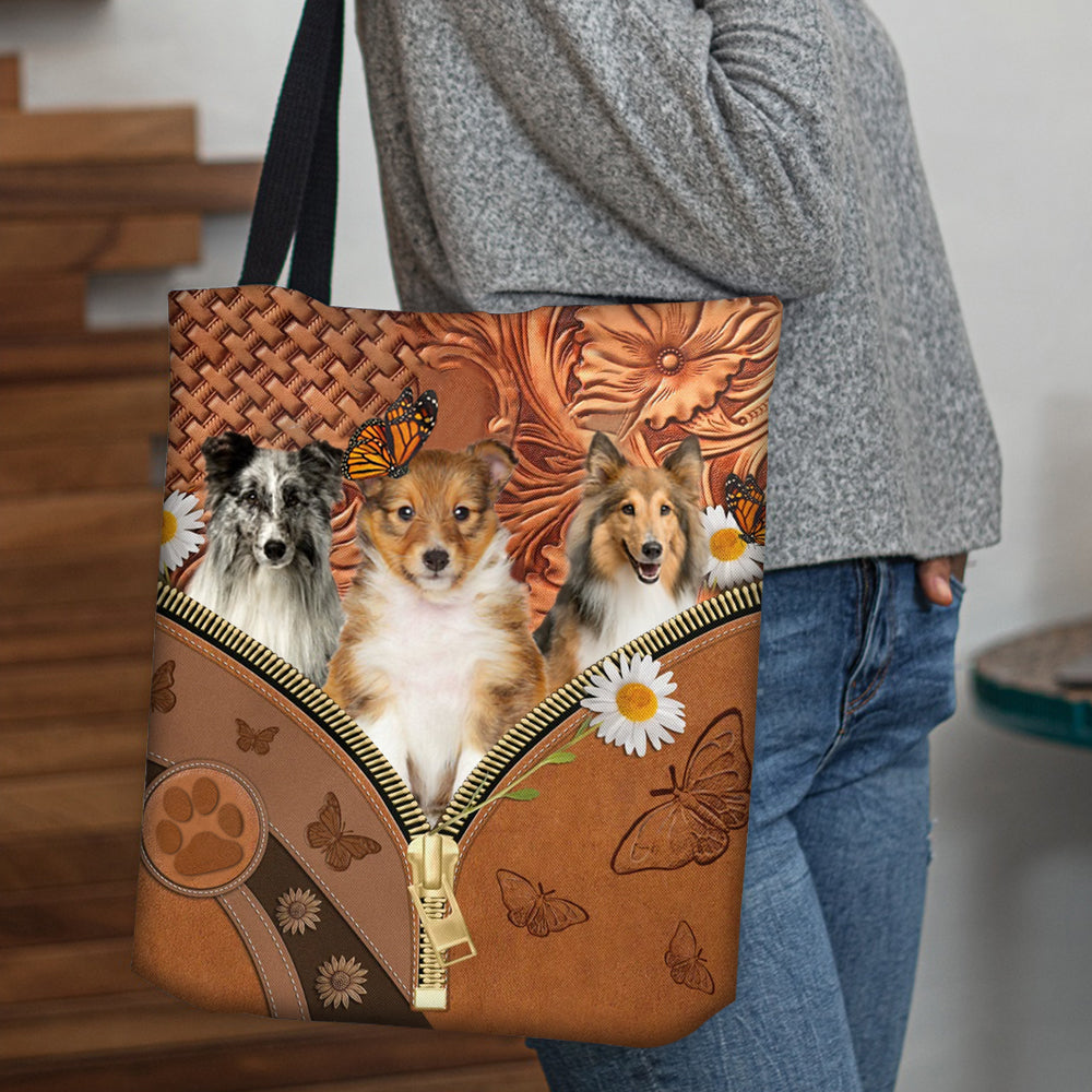 Shetland Sheepdog Daisy Flower And Butterfly Tote Bag