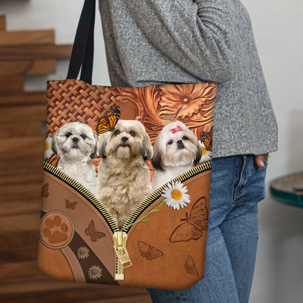 Shih Tzu Daisy Flower And Butterfly Tote Bag
