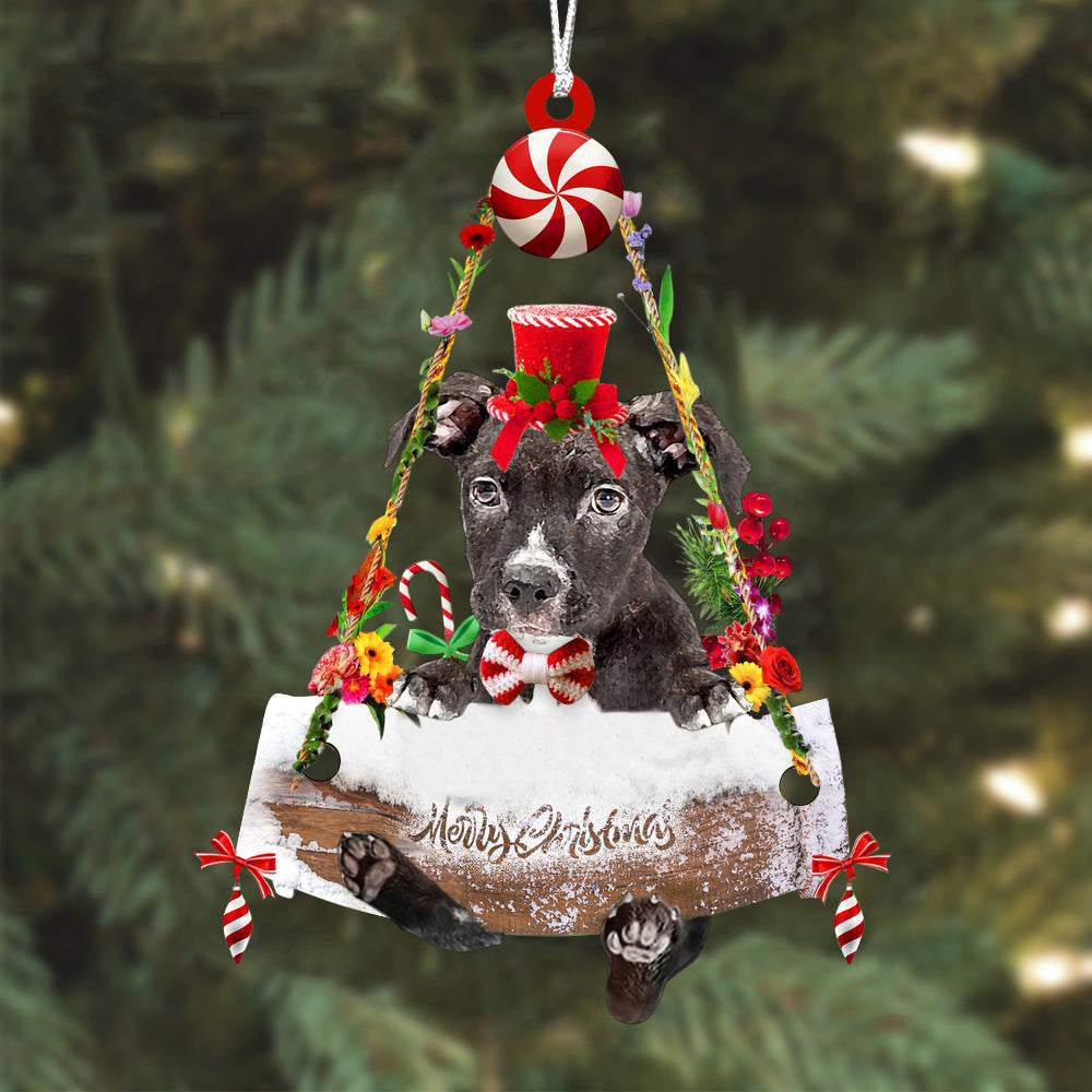 Staffordshire Bull Terrier Hugging Wood Merry Christmas Ornament