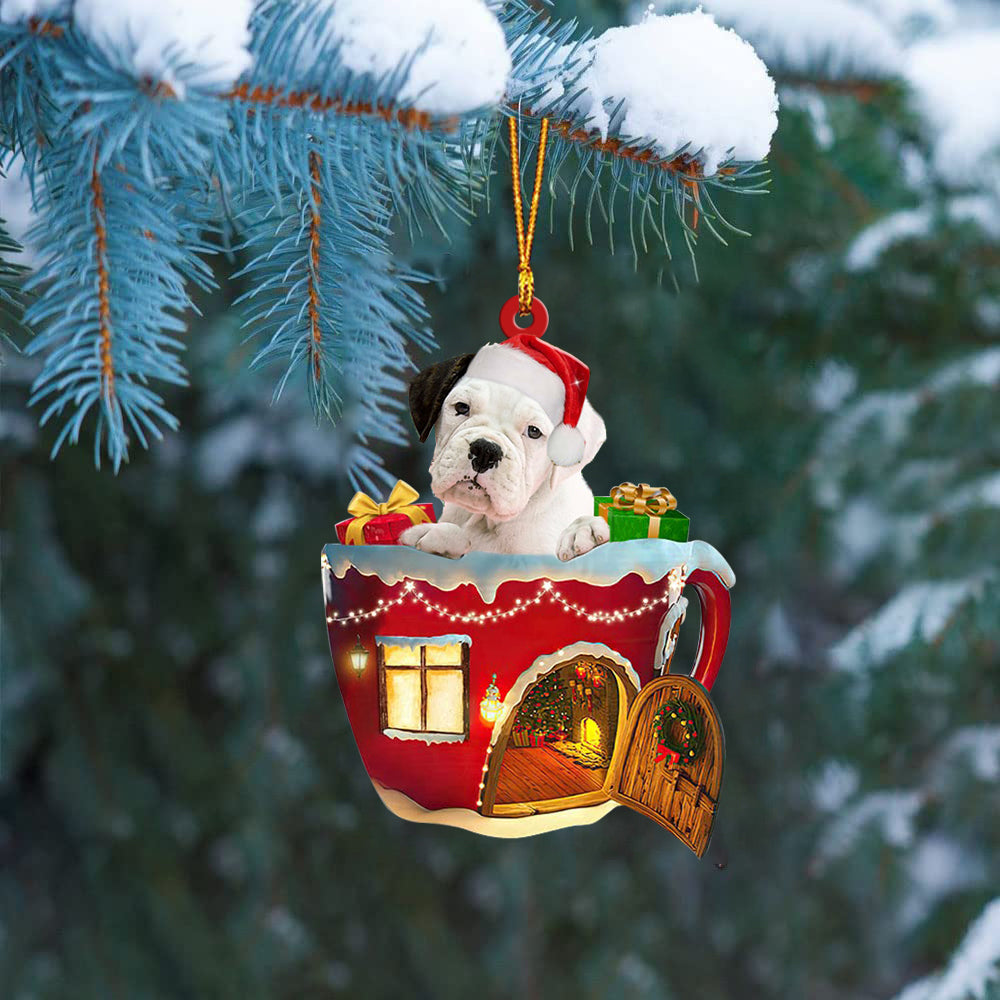 WHITE Boxer In Red House Cup Merry Christmas Ornament