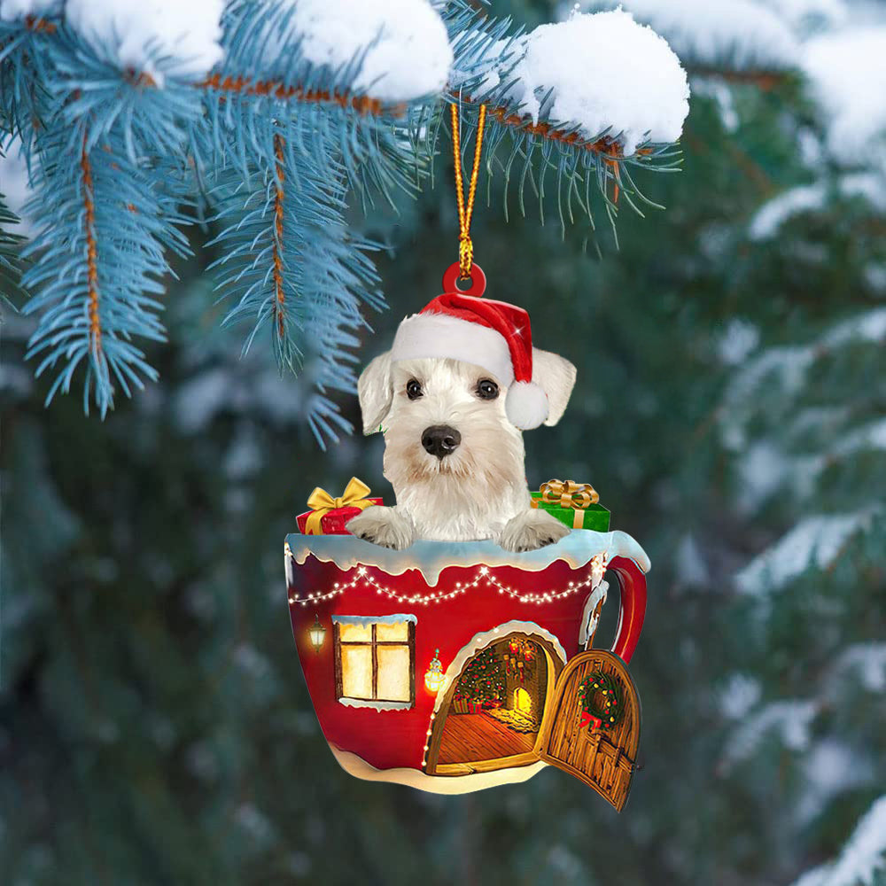 WHITE Miniature Schnauzer In Red House Cup Merry Christmas Ornament