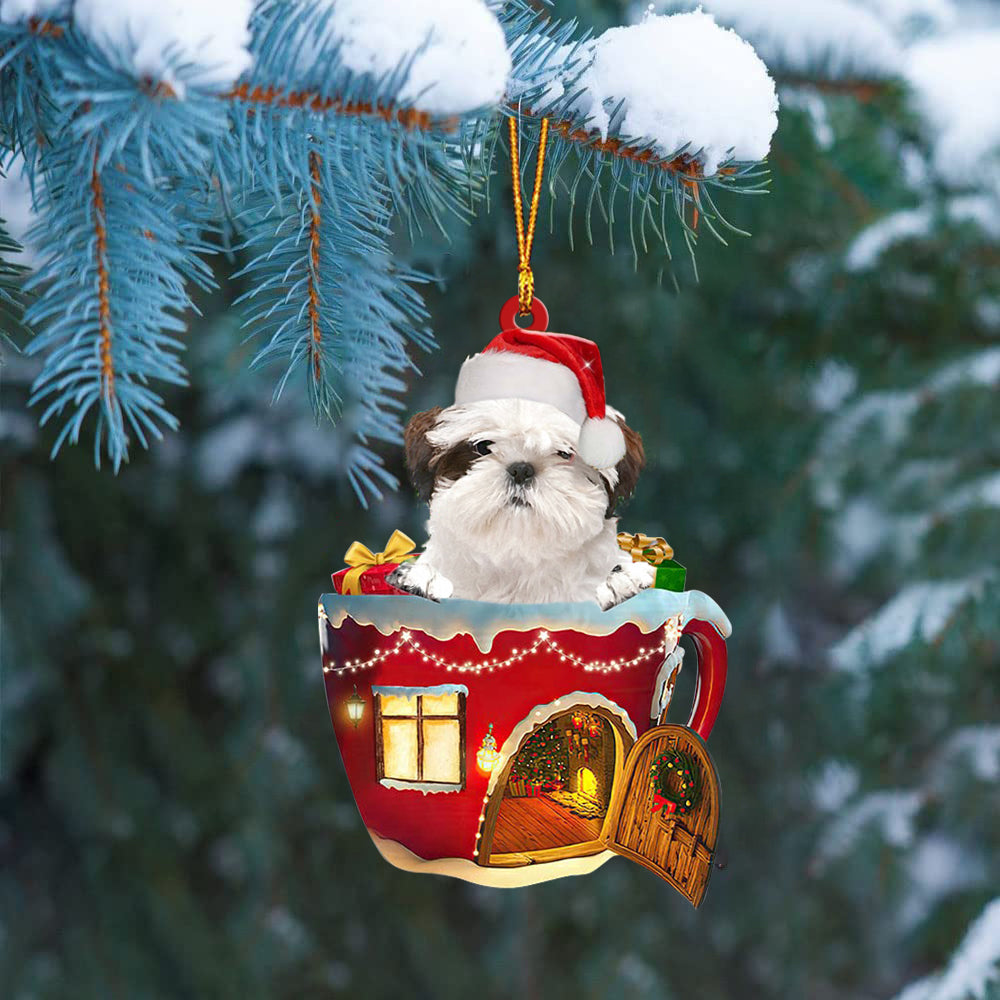 WHITE Shih Tzu In Red House Cup Merry Christmas Ornament