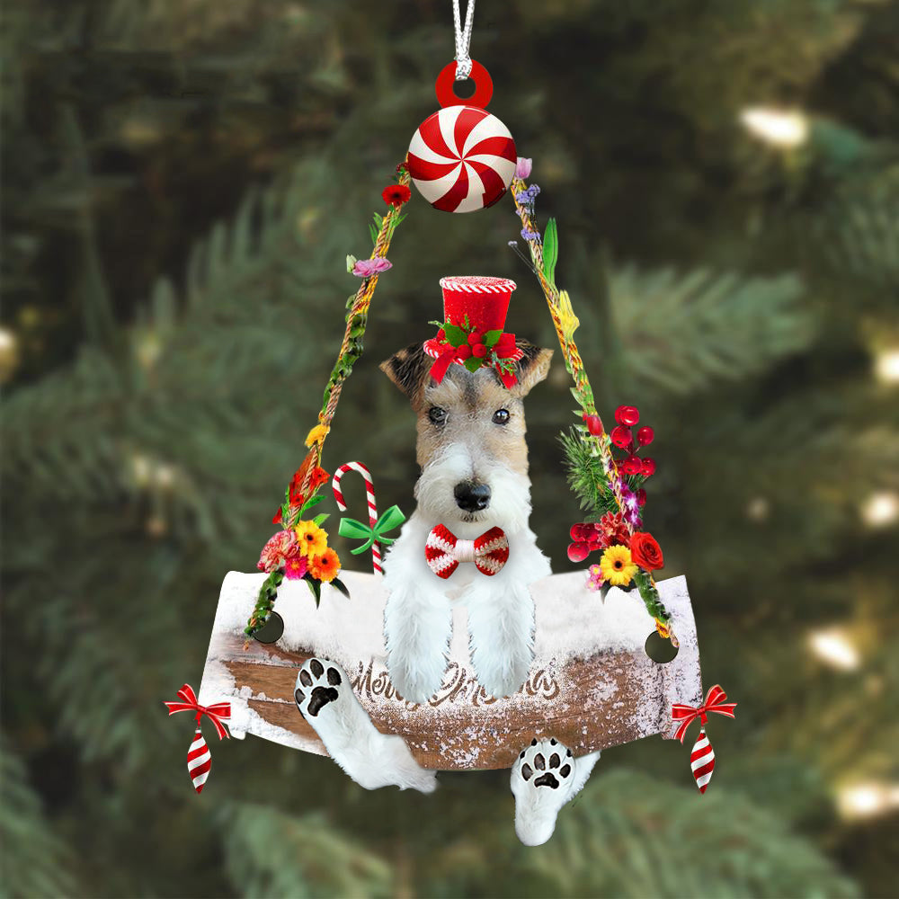 Wire Fox Terrier Hugging Wood Merry Christmas Ornament
