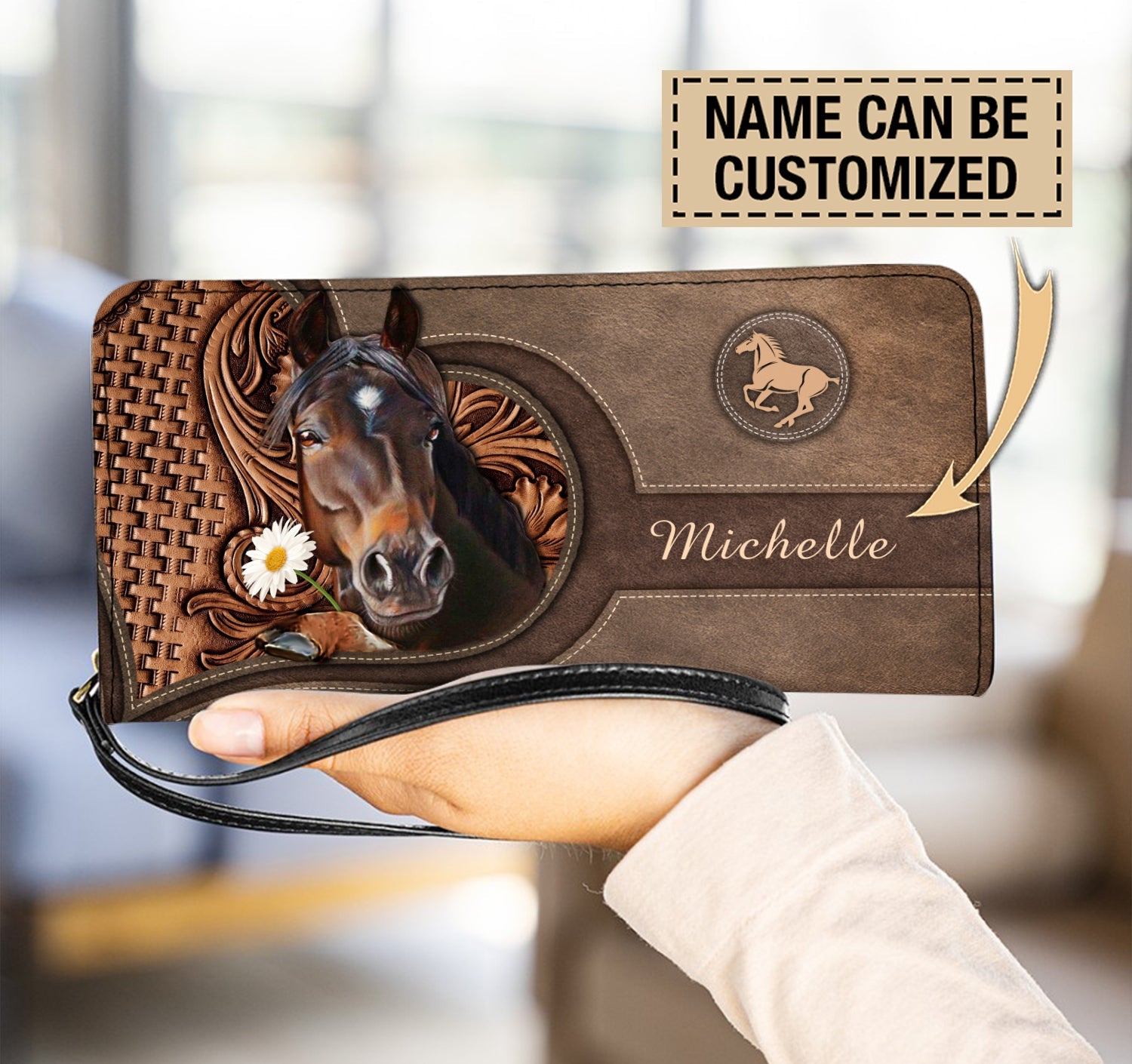 Personalized Horse Holding Daisy Clutch Purse