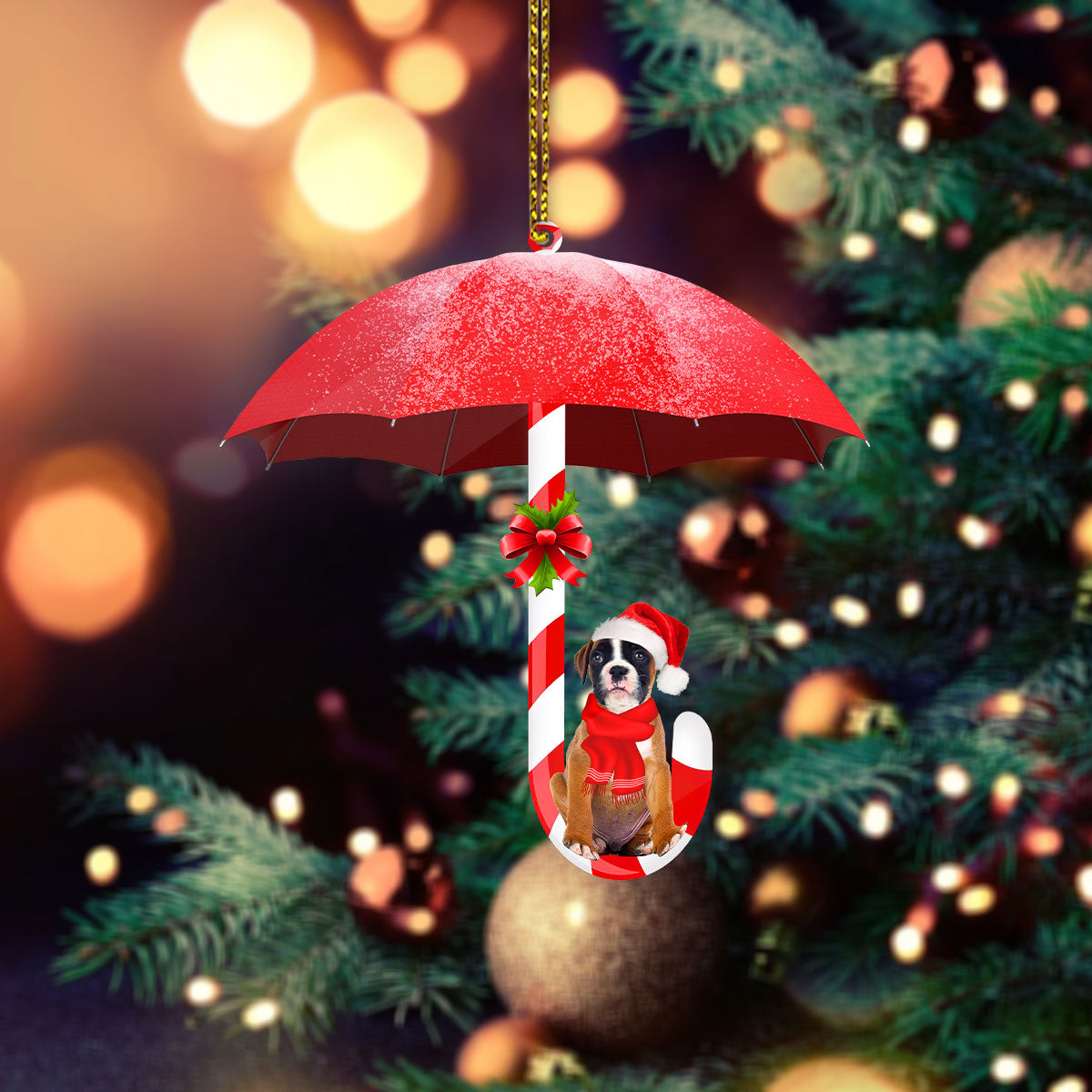 Boxer Under Umbrella Christmas Ornament