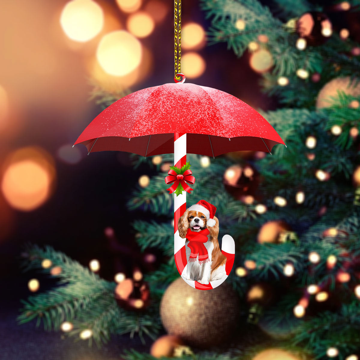 Cavalier King Charles Under Umbrella Christmas Ornament