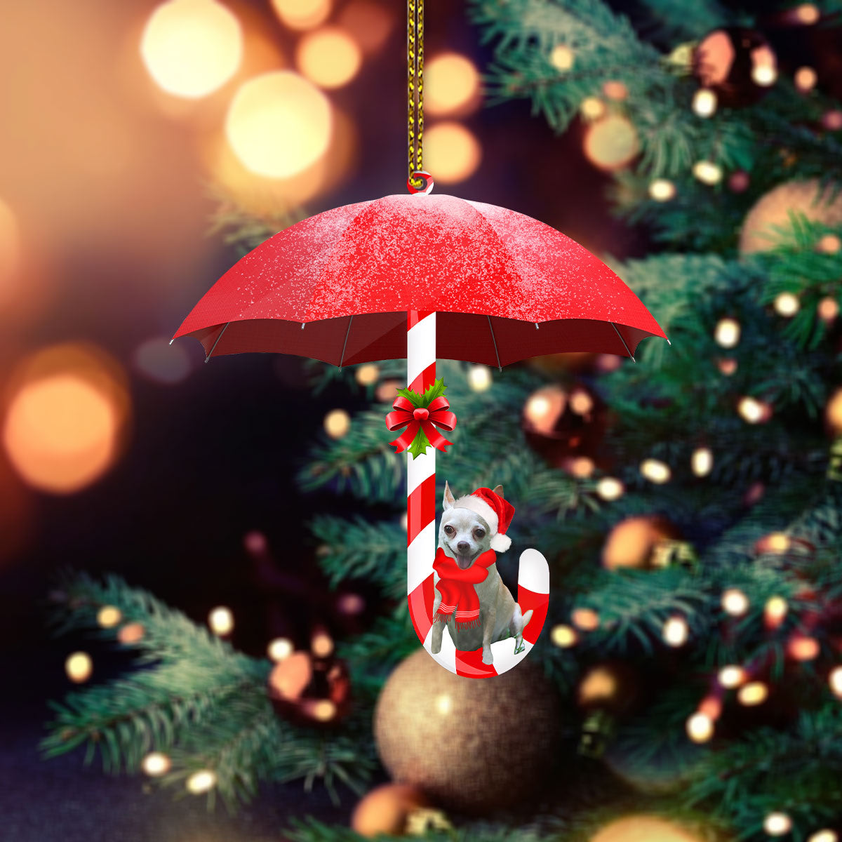 Chihuahua Under Umbrella Christmas Ornament